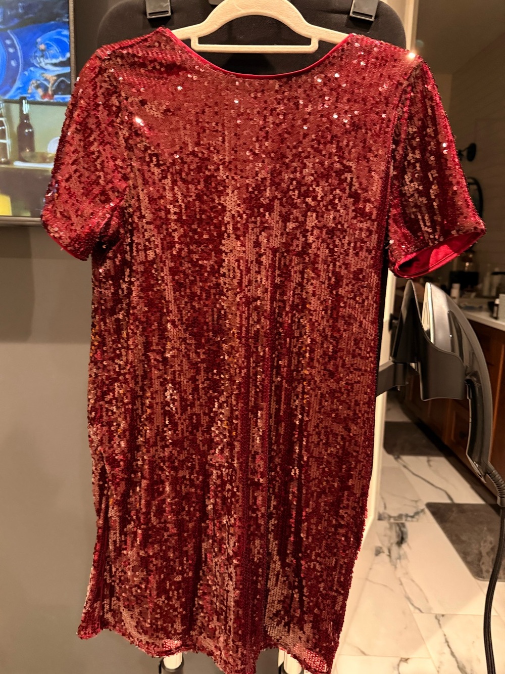 Nine West Red Sequin Short Sleeve Shift Dress